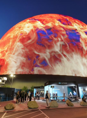 This image shows that the Sphere, located in Las Vegas, is one of the most innovative entertainment venues in the world. It is a massive structure with a 360-degree LED screen that creates stunning visual displays. The Sphere offers a new way of experiencing entertainment, providing interactive visuals that cover its entire exterior. Visitors are in awe of its size and technology, which pushes the boundaries of immersive experiences. It's a symbol of Las Vegas' commitment to providing cutting-edge technology and entertainment, where visitors can engage with one-of-a-kind visuals and events.