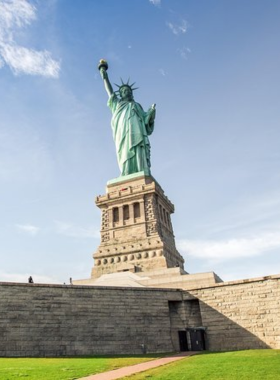 This image shows the iconic Statue of Liberty standing tall on Liberty Island against a clear blue sky. The green statue holds a torch high in one hand, symbolizing freedom and hope. Tourists are seen taking pictures from a ferry, admiring the beauty of this historic landmark. In the background, Ellis Island and the New York City skyline are visible. The water surrounding the island reflects the bright sunlight. This view captures the importance of the Statue of Liberty as a symbol of immigration and new beginnings for millions of people in American history.