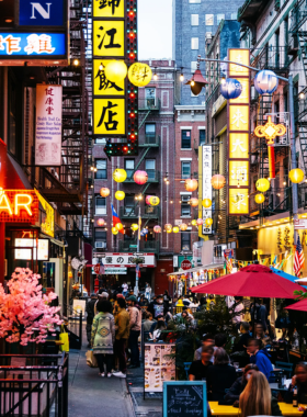 This image shows the lively streets of Chinatown in New York City, filled with colorful lanterns, traditional Chinese signs, and bustling markets. The narrow alleys are packed with street vendors selling fresh produce, dumplings, and exotic herbs. Tourists and locals explore authentic Asian restaurants, tea houses, and souvenir shops, making this neighborhood a cultural gem within the city.