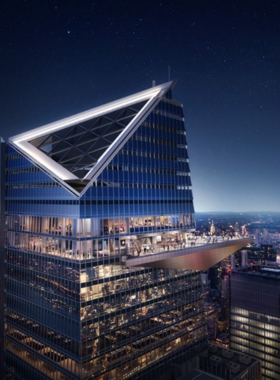 This image shows the breathtaking view from The Edge, a glass skydeck suspended high above the Hudson Yards. Tourists stand on the transparent floor, looking down at the city below, experiencing an exhilarating thrill. The 360-degree view stretches across the New York City skyline, with famous landmarks visible in the distance. The glass walls and floating sensation make this one of the most daring attractions in NYC.