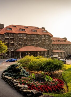 This image shows the historic Omni Grove Park Inn, a grand stone-built hotel set against the backdrop of the Blue Ridge Mountains. The sun is setting over the rolling hills, casting a warm golden glow. The outdoor terrace overlooks the valley, offering visitors a relaxing spot to enjoy a meal or a drink while admiring the panoramic mountain views.