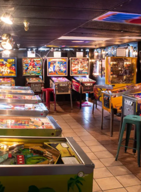 This image shows a row of vintage pinball machines inside the Asheville Pinball Museum, each featuring colorful artwork and bright flashing lights. Visitors are engaged in playing different arcade games, creating a fun and nostalgic environment. The museum's walls are decorated with retro posters and memorabilia, making it a paradise for gaming enthusiasts and history lovers.