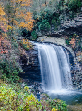 This image shows the stunning Looking Glass Falls, a 60-foot waterfall cascading into a clear pool below. The surrounding area is covered in lush green vegetation, with a small wooden viewing platform where visitors are standing and admiring the natural beauty. Sunlight filters through the trees, creating a magical scene perfect for relaxation and photography.