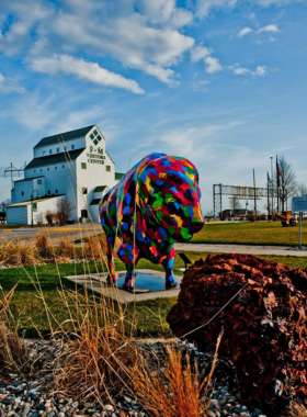  This image shows the Fargo-Moorhead Visitors Center, a welcoming spot for travelers looking to explore Fargo. The building has a modern, red barn-style exterior with a sign welcoming visitors. Outside, the famous woodchipper from the movie Fargo is displayed, attracting tourists who take fun photos with it. Inside, guests can be seen collecting maps, browsing souvenirs, and chatting with friendly staff for local travel tips. There is also a celebrity walk of fame with handprints of famous visitors, making it a must-stop for newcomers.