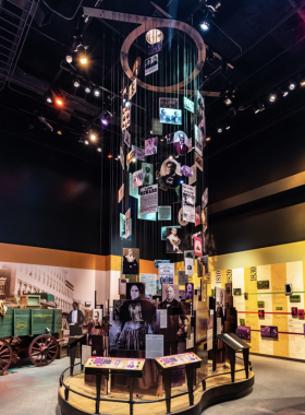 This image shows the National Underground Railroad Freedom Center, a powerful museum dedicated to the history of slavery and the fight for freedom. Visitors walk through thought-provoking exhibits, looking at historic artifacts, interactive displays, and a real slave pen. The museum's modern architecture stands tall against the city skyline, symbolizing strength and remembrance. A visitor reads an emotional personal story, reflecting on the past and the ongoing struggle for justice. The museum provides an eye-opening and deeply moving experience, making it a crucial stop for those seeking to understand history and human rights.