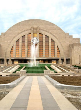 This image shows the grand Cincinnati Museum Center at Union Terminal, an Art Deco architectural masterpiece housing multiple museums, including the Museum of Natural History & Science, the Cincinnati History Museum, and the Children's Museum. The building features a stunning curved facade, large glass windows, and a beautifully preserved clock above the entrance. Inside, visitors explore life-size dinosaur skeletons, interactive exhibits, and historical artifacts, making it a perfect destination for families, solo travelers, and history lovers. The museum's unique train station structure adds a nostalgic charm, blending culture, science, and history under one roof.