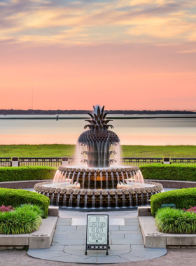 This image shows Waterfront Park in Charleston, with the iconic Pineapple Fountain, a symbol of Southern hospitality, in the foreground. The park offers visitors scenic views of the harbor and a peaceful atmosphere. The tranquil walking paths and vibrant flowers enhance the park's charm. The image portrays people strolling along the pathways, enjoying the beauty and history of this beloved public space, while the fountain remains a highlight for all visitors.