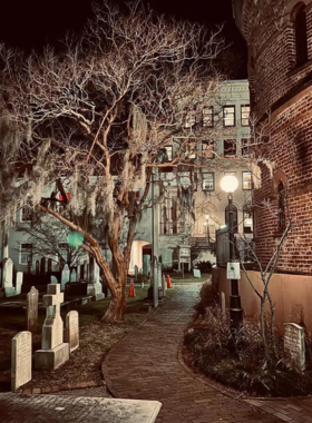 This image shows a ghost tour in Charleston, with a tour guide leading visitors through a haunted historic district at night. The image features a darkened street with old houses and eerie lighting, creating a spooky atmosphere. The guide, holding a lantern, tells ghostly tales about Charleston’s haunted past, including stories of graveyards, restless spirits, and unsolved mysteries. The night-time setting adds to the chilling experience, making it an unforgettable adventure for those brave enough to explore the city's haunted history.