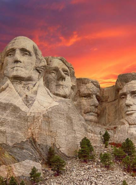  This image shows the massive Mount Rushmore National Memorial in South Dakota, featuring the carved faces of four U.S. presidents—George Washington, Thomas Jefferson, Theodore Roosevelt, and Abraham Lincoln—etched into the granite of the Black Hills. The sky is bright, and visitors are seen admiring the historic landmark from the viewing platform. The monument represents American history, democracy, and leadership, attracting tourists from all over the world. The surrounding area includes trees and pathways leading to the visitor center, making it a must-visit spot in Rapid City.