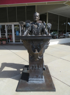 This image shows a bronze statue of Abraham Lincoln sitting on a bench in downtown Rapid City, part of the City of Presidents walking tour. The street is lined with historic buildings, shops, and other life-sized statues of past U.S. presidents, creating an interactive and educational experience. People are seen strolling the sidewalk, taking photos, and learning about American history through these detailed sculptures. The background features street lamps, trees, and a charming downtown setting that makes this a popular attraction for visitors.