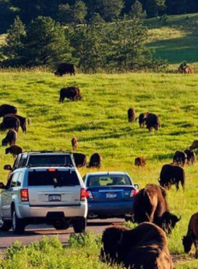 This image shows a massive herd of bison grazing in the open grasslands of Custer State Park. Rolling hills and scattered trees provide a stunning natural backdrop. A winding road cuts through the landscape, where a few cars are stopped, allowing visitors to admire the bison up close. The park’s diverse wildlife, including deer and prairie dogs, adds to the immersive experience of exploring South Dakota’s great outdoors.