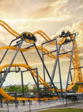 This image shows the excitement of Six Flags Fiesta Texas, with a massive roller coaster speeding down its steep track. People are seen screaming with joy as they experience the thrilling ride. The amusement park is filled with colorful attractions, carnival games, and food stands. Families and thrill-seekers of all ages enjoy a day full of fun, adventure, and high-energy entertainment at this popular theme park.