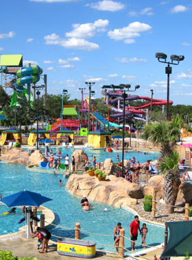 This image shows an exciting moment at SeaWorld San Antonio, where an orca leaps gracefully out of the water during a live performance. The audience cheers in awe as the massive whale splashes down into the pool. Behind the main attraction, interactive exhibits, roller coasters, and other marine life displays offer visitors a perfect mix of education, entertainment, and adventure.