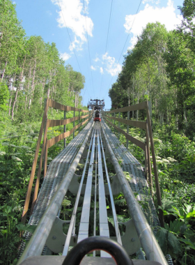 This image shows an exciting ride on the Alpine Coaster at Park City Mountain Resort, where visitors zoom down a winding track surrounded by stunning mountain scenery. The coaster car, designed for one or two riders, is seen racing along a twisting metal track that cuts through dense forests. A thrill-seeker leans into a turn, gripping the brakes to control their speed. In the background, the snow-covered peaks or lush green hills (depending on the season) create a breathtaking view. This unique ride operates year-round, making it a favorite for both summer and winter visitors. The coaster’s smooth yet adrenaline-pumping experience allows riders to feel the rush of wind as they navigate sharp turns and dips. The image perfectly captures the fun and adventure of Park City’s Alpine Coaster, where speed and natural beauty come together for an unforgettable ride.