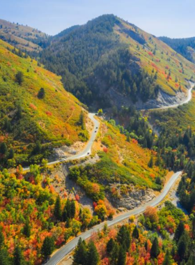 This image showcases the winding mountain road of Guardsman Pass, offering panoramic views of lush valleys and towering peaks. A car cruises along the road, surrounded by golden aspen trees glowing in the autumn sunlight. The landscape stretches for miles, displaying rolling hills, deep forests, and patches of wildflowers. In summer, the pass is a gateway to excellent hiking and biking trails, while in fall, it’s one of the best places to see Utah’s vibrant foliage. The road’s curves and steep inclines make for an exhilarating drive. The image captures the natural beauty and adventure of Guardsman Pass, making it a must-do for road trip enthusiasts.