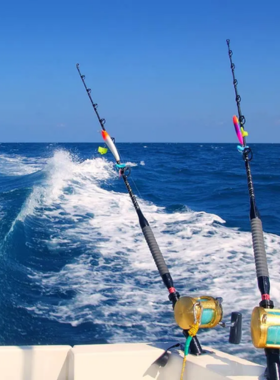 This image shows an adventurous deep-sea fishing experience in Gulf Shores. A fishing charter boat is shown heading out into the Gulf of Mexico, with anglers eagerly preparing their gear. The vast blue ocean stretches out in the background, while the anticipation of catching big fish like red snapper and king mackerel is felt in the air. This image reflects the thrill of fishing in deep waters and the excitement that comes with it.