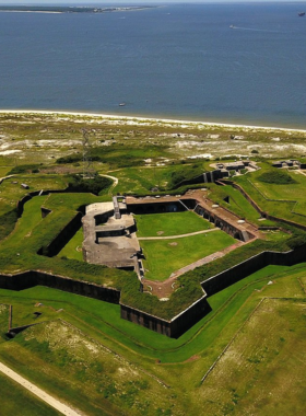 This image shows the historic Fort Morgan, a Civil War-era site located at the tip of a peninsula. The image captures the old brick tunnels and the fort’s military structure, with visitors exploring the site. In the background, the Gulf Coast waters provide a stunning backdrop. The atmosphere is filled with history, showcasing the strategic importance of Fort Morgan during the Civil War, making it a must-see for history enthusiasts.